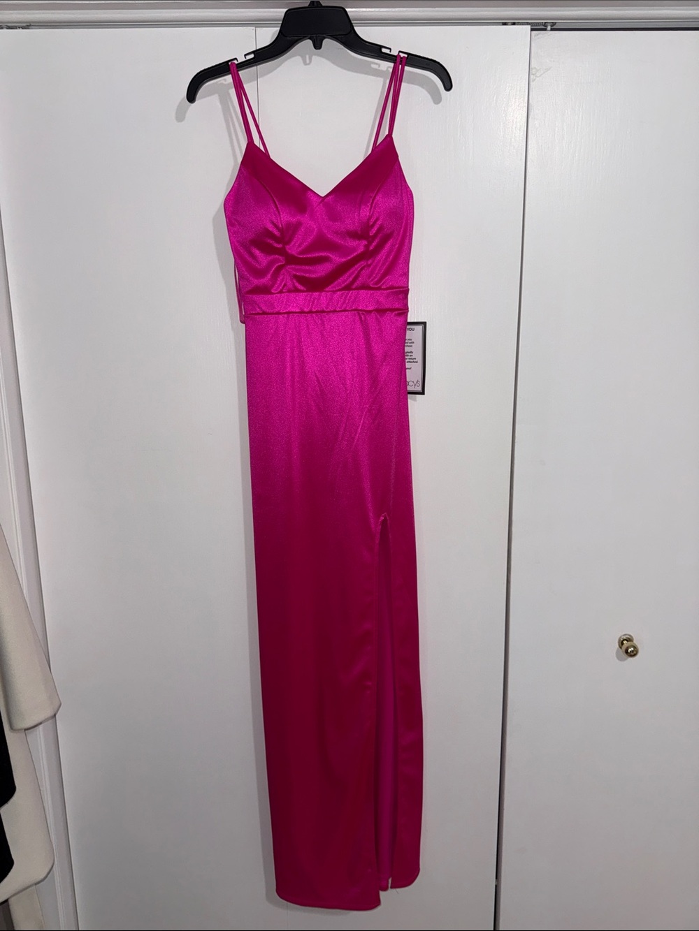 Macy's Hot Pink Satin Maxi Slip Dress with Double Spaghetti Straps